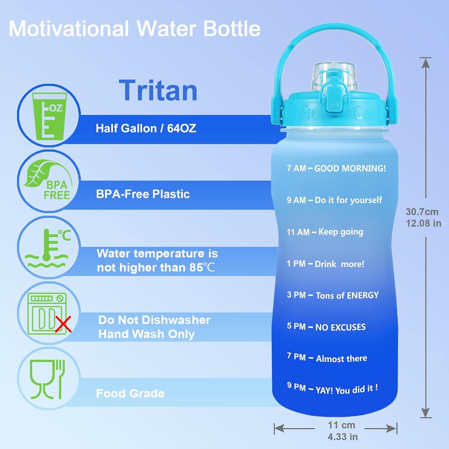 Half Gallon Water Bottle with Straw- 64 OZ BPA Free Motivational Water Jug