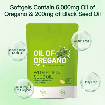 300 Capsules Oil of Oregano with Black Seed Oil - Natural Antioxidants for Fitness Nutritional Support - Highly Effective