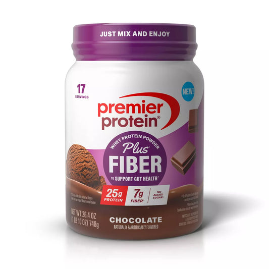 Premier Protein plus Fiber Powder - Chocolate - Whey Protein - 26.4Oz/17 Servings