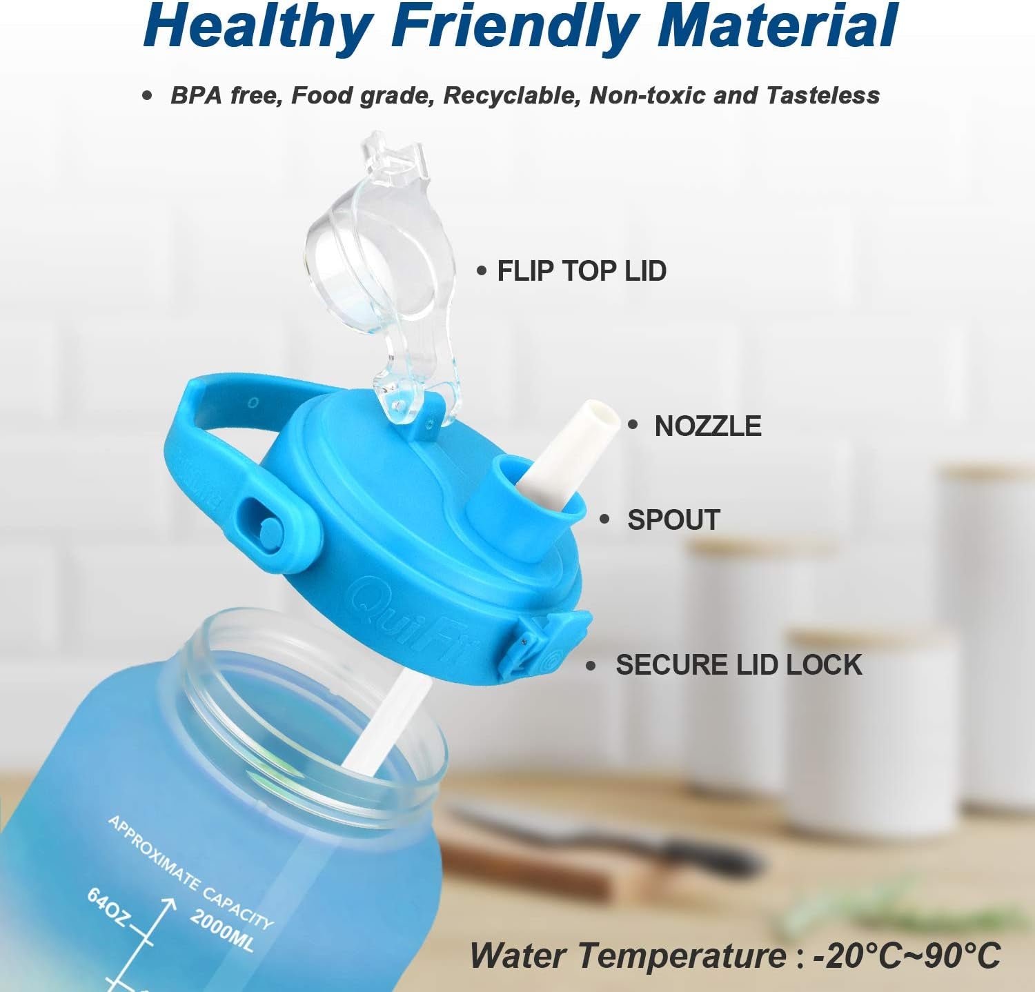 Half Gallon Water Bottle with Straw- 64 OZ BPA Free Motivational Water Jug