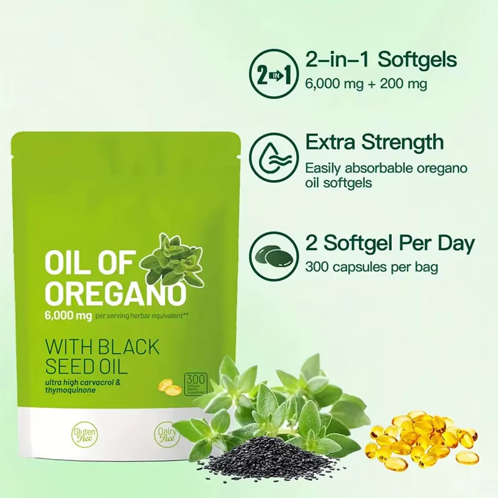 300 Capsules Oil of Oregano with Black Seed Oil - Natural Antioxidants for Fitness Nutritional Support - Highly Effective