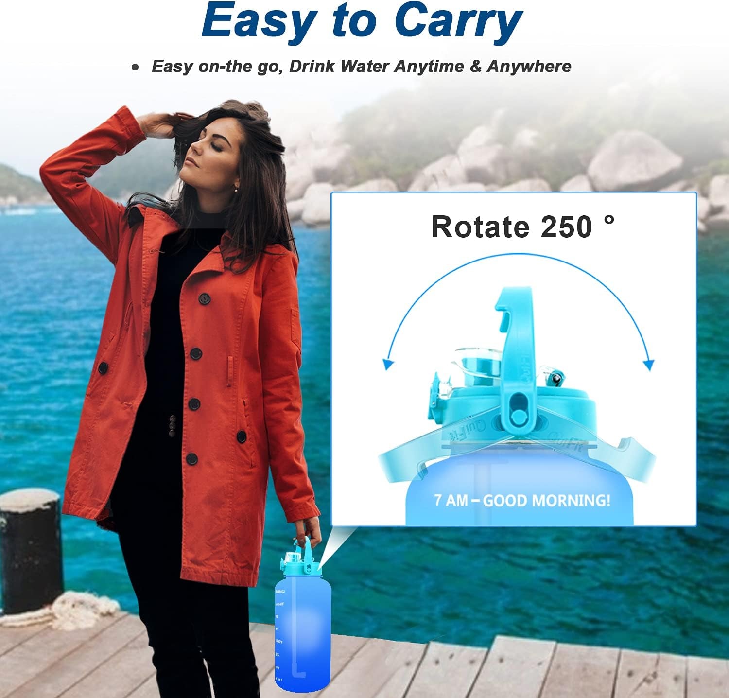 Half Gallon Water Bottle with Straw- 64 OZ BPA Free Motivational Water Jug