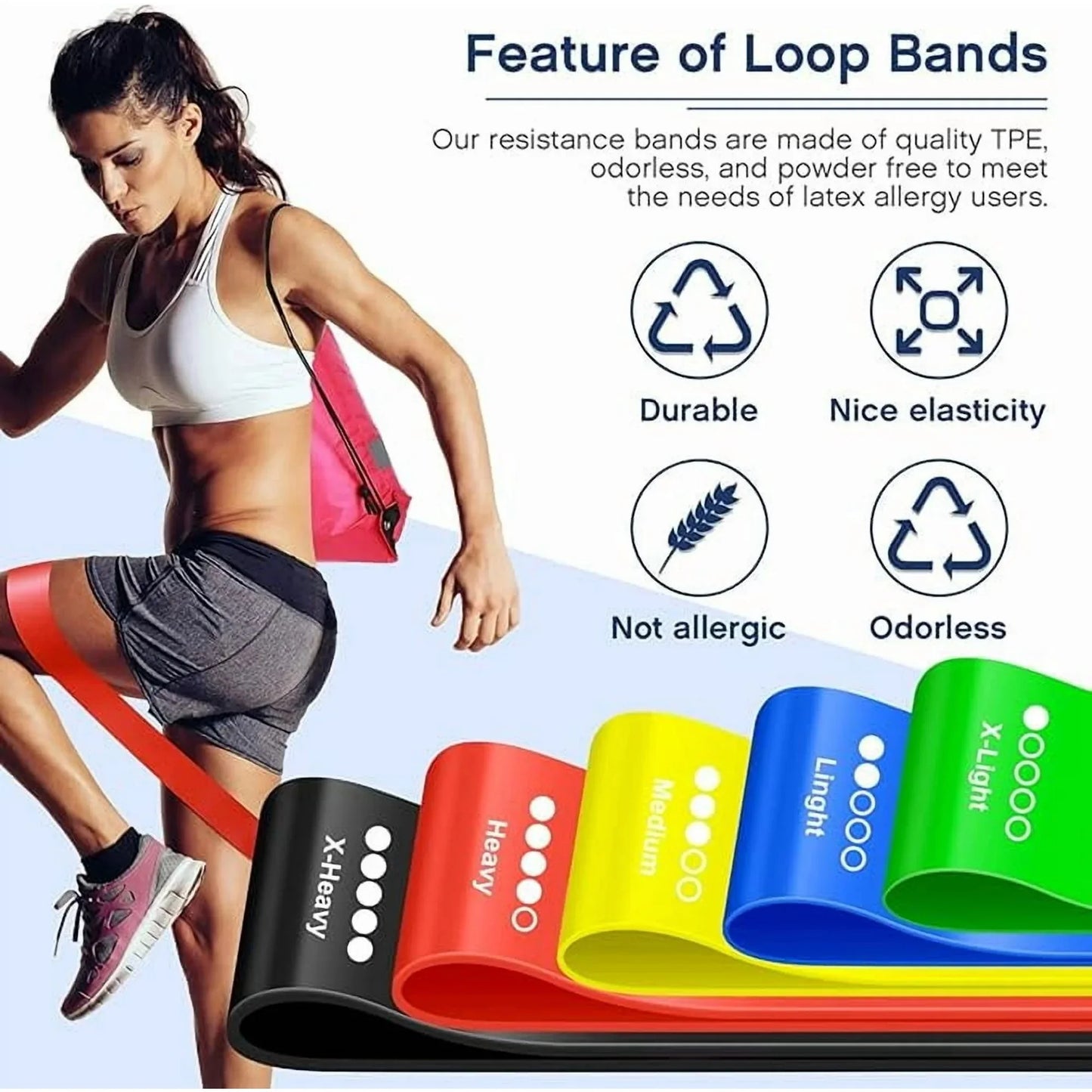 Loop Bands Non-Slip Latex Exercise Bands for Glutes, Legs, Pilates & Yoga Workouts Set of 5 with Carry Bag