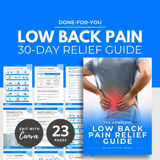 30-Day Lower Back Pain Relief Guide, Home Workout Plan, Canva Ebook Template, Health Coach Resource DFY, PLR Recovery Guide, Fitness Coach