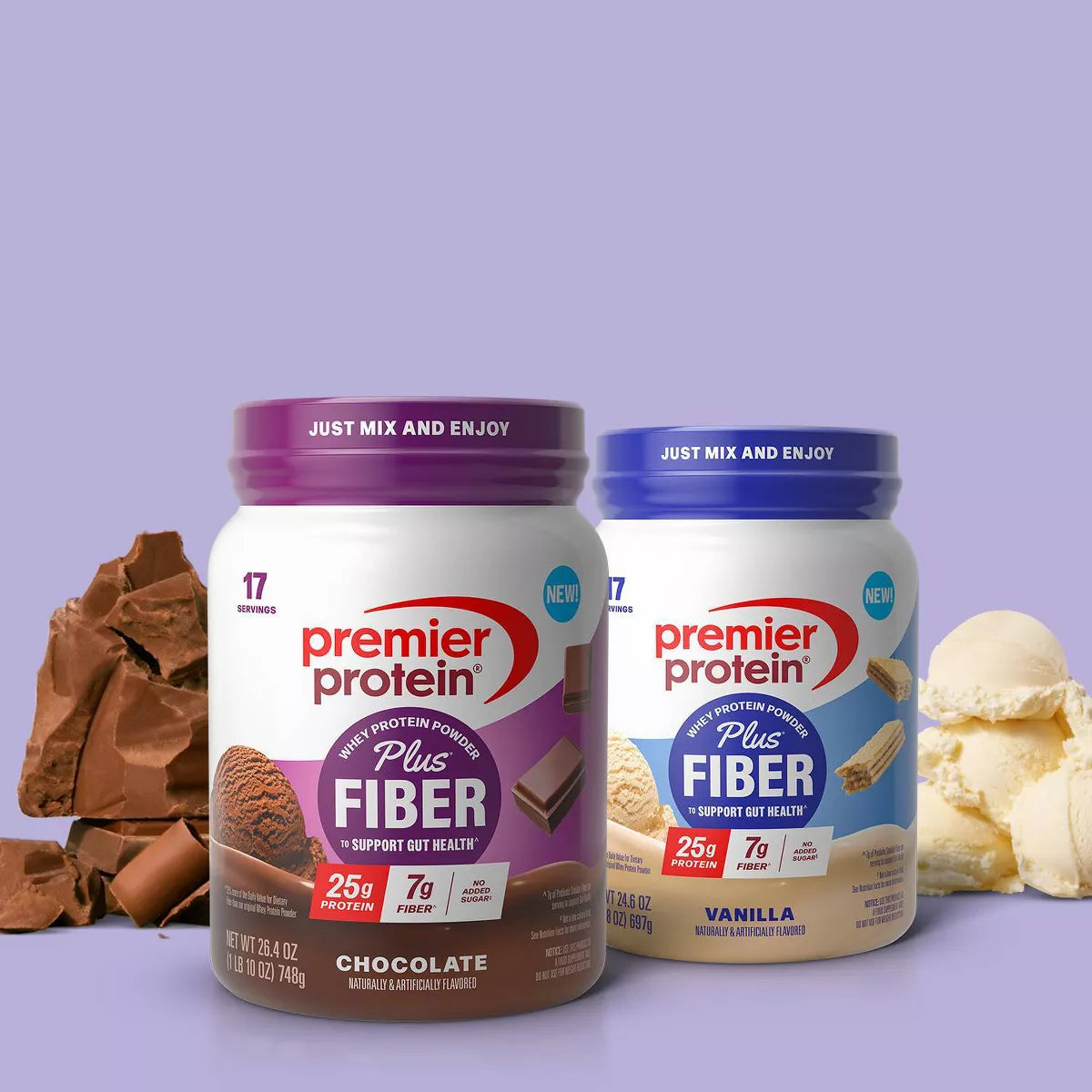 Premier Protein plus Fiber Powder - Chocolate - Whey Protein - 26.4Oz/17 Servings