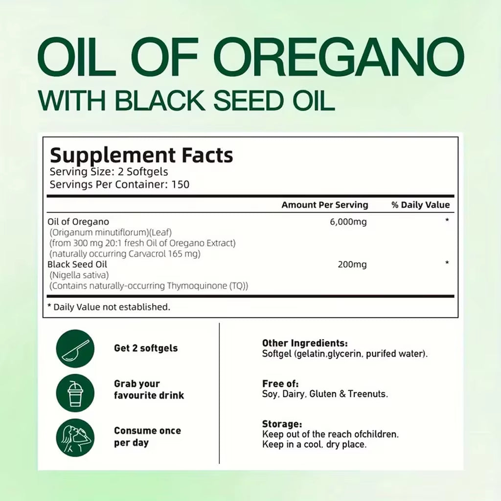 300 Capsules Oil of Oregano with Black Seed Oil - Natural Antioxidants for Fitness Nutritional Support - Highly Effective