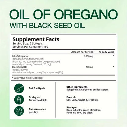 300 Capsules Oil of Oregano with Black Seed Oil - Natural Antioxidants for Fitness Nutritional Support - Highly Effective