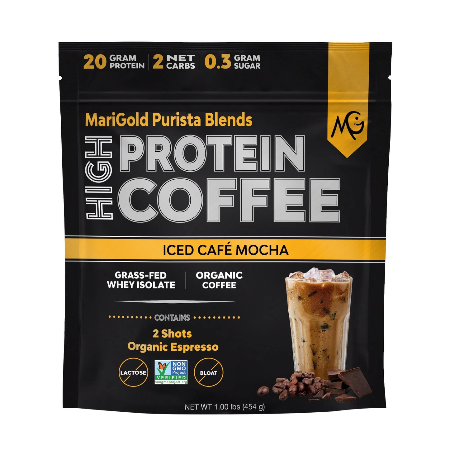 Protein Coffee Powder - Iced Café Mocha, 20G Grass Fed Whey, Workout Boost, Organic Espresso, Non-Gmo, 1 Lb
